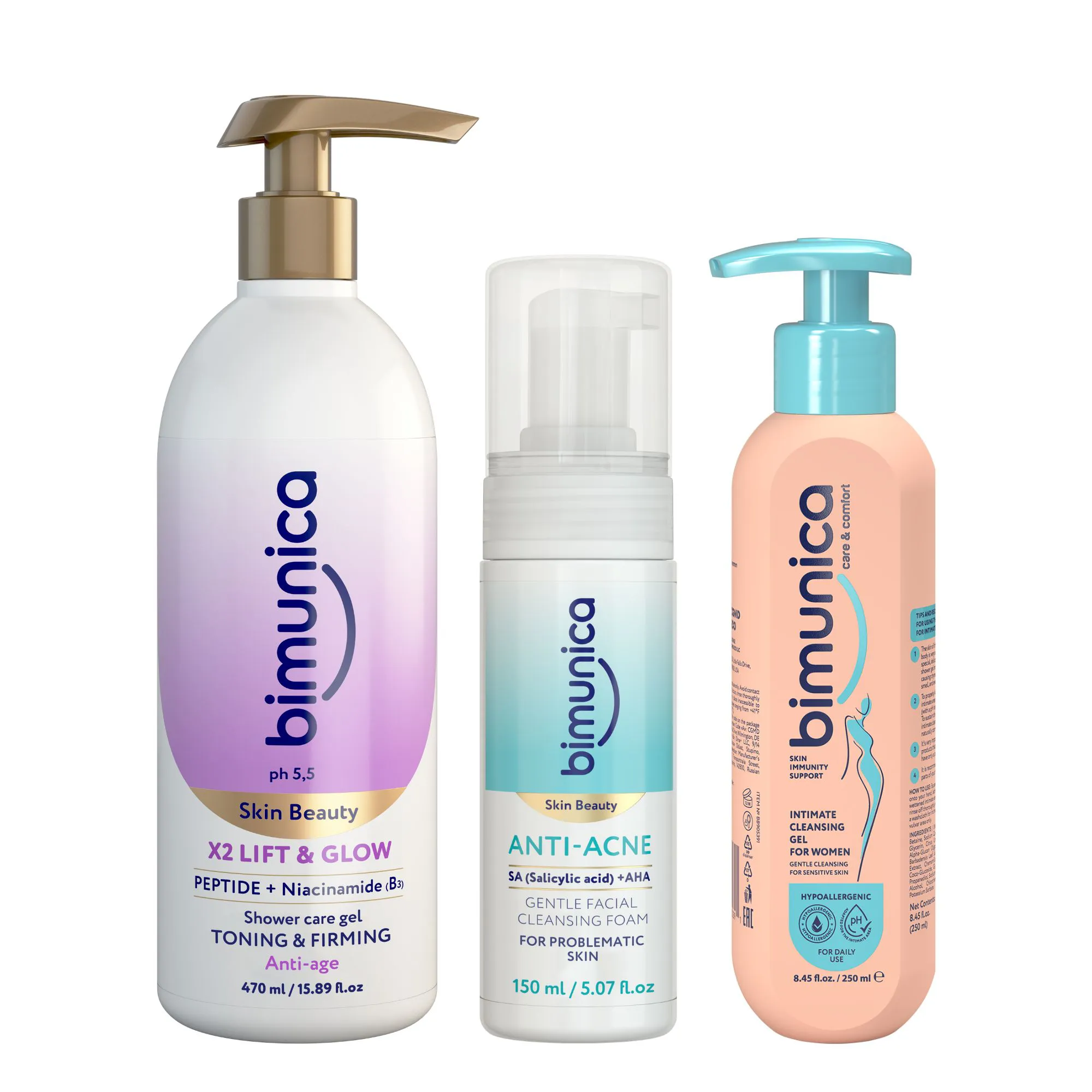 Combo Sữa Tắm Hỗ Trợ Dưỡng Sáng Da Lift & Glow + Bọt Rửa Mặt Hỗ Trợ Làm Sạch (Da Dầu Mụn) Salicylic Acid Bimunica Skin Beauty — Tặng Dung Dịch Vệ Sinh Phụ Nữ Daily Eosidin™ 250ml