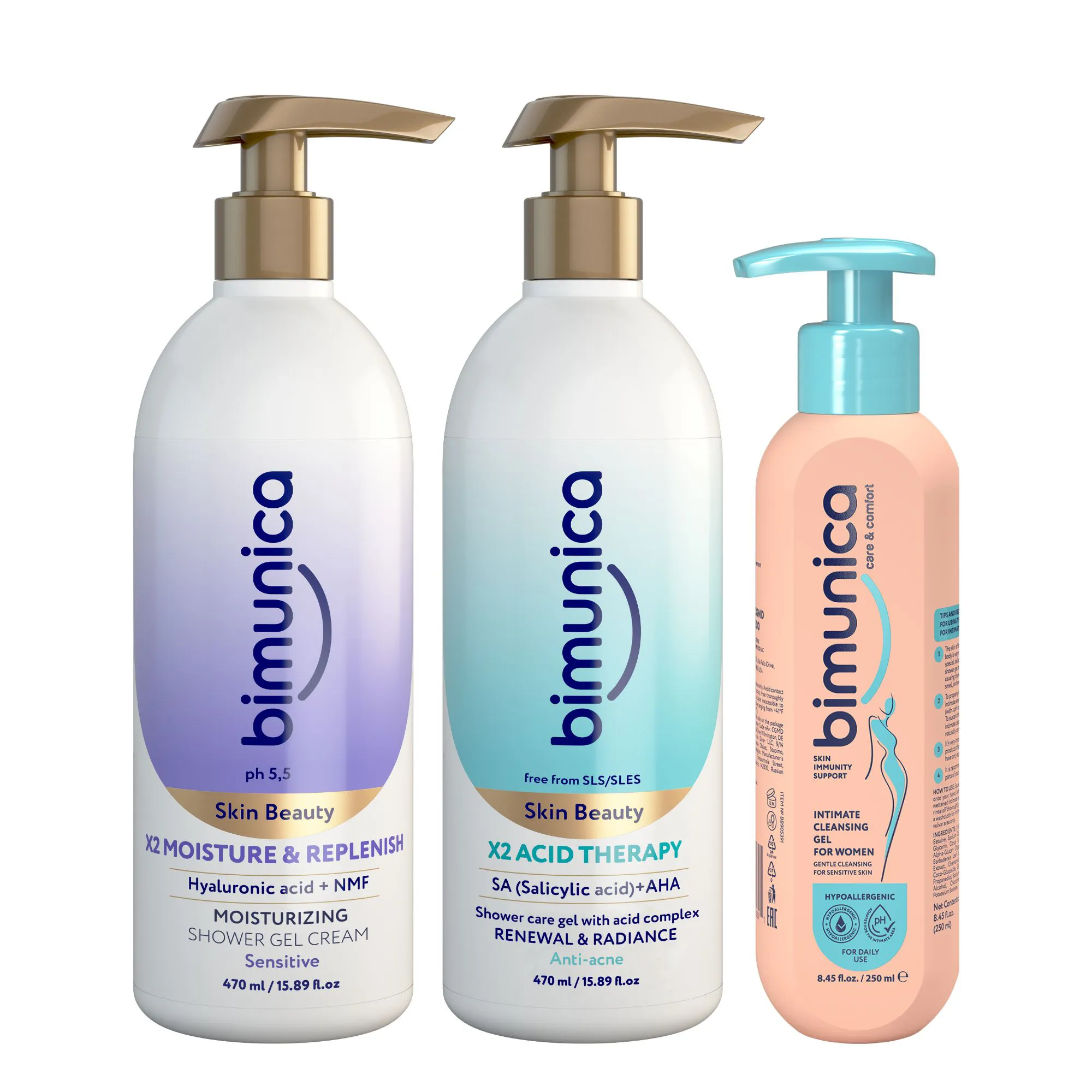 Combo Sữa Tắm Hỗ Trợ Làm Sạch (Mụn Lưng) + Sữa Tắm Hỗ Trợ Dưỡng Ẩm (Da Khô) Bimunica Skin Beauty — Tặng Dung Dịch Vệ Sinh Phụ Nữ Daily Eosidin™ 250ml